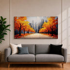 Panoramic painting of a wide autumn avenue lined with vibrant orange trees leading toward a distant New York skyline with tall city buildings under a soft sky.