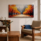 Panoramic painting of a wide autumn avenue lined with vibrant orange trees leading toward a distant New York skyline with tall city buildings under a soft sky.