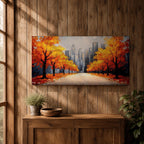 Panoramic painting of a wide autumn avenue lined with vibrant orange trees leading toward a distant New York skyline with tall city buildings under a soft sky.