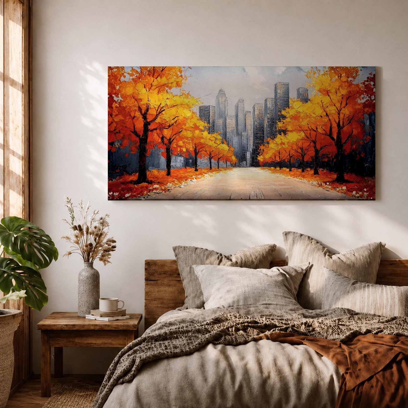 Panoramic painting of a wide autumn avenue lined with vibrant orange trees leading toward a distant New York skyline with tall city buildings under a soft sky.