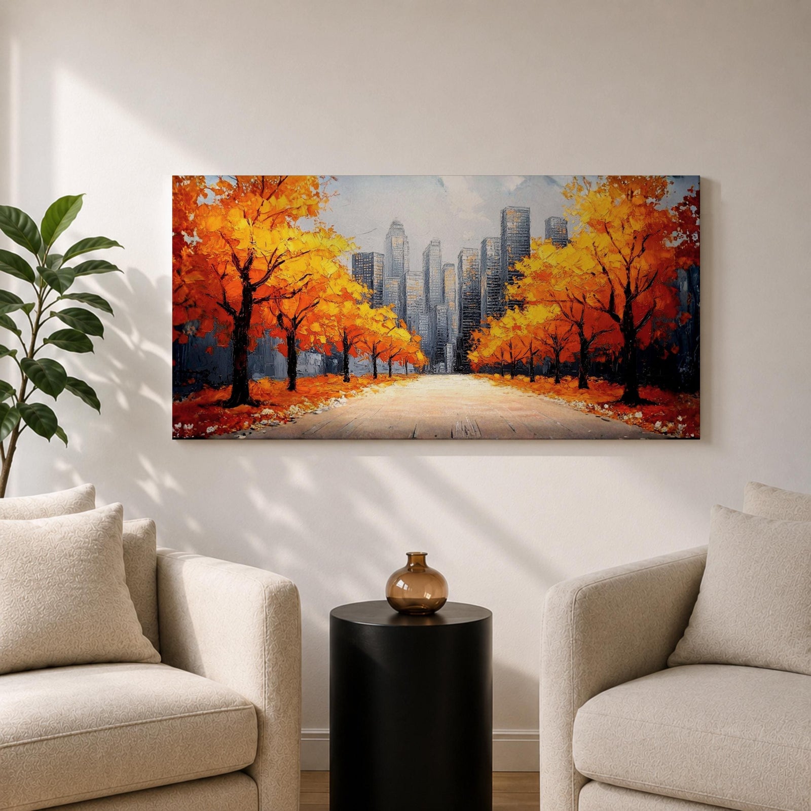Panoramic painting of a wide autumn avenue lined with vibrant orange trees leading toward a distant New York skyline with tall city buildings under a soft sky.