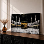 Panoramic artwork of the Kaaba at Masjid al-Haram in Mecca with black and gold accents surrounded by mosque arches and tall minarets against a dark night background.