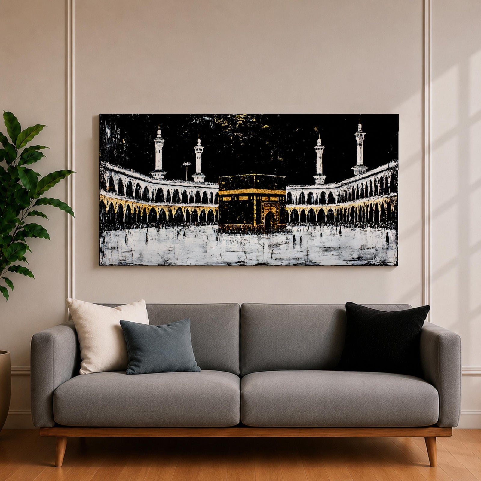 Panoramic artwork of the Kaaba at Masjid al-Haram in Mecca with black and gold accents surrounded by mosque arches and tall minarets against a dark night background.