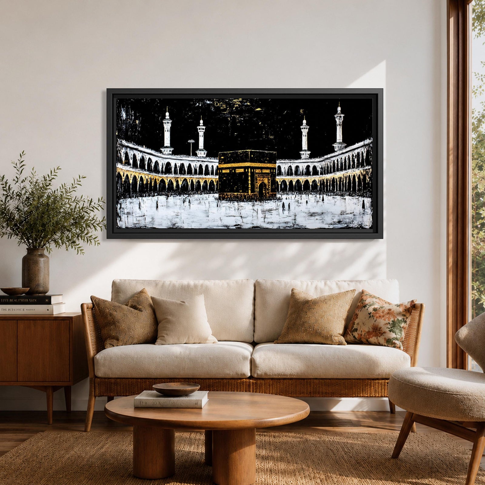 Panoramic artwork of the Kaaba at Masjid al-Haram in Mecca with black and gold accents surrounded by mosque arches and tall minarets against a dark night background.