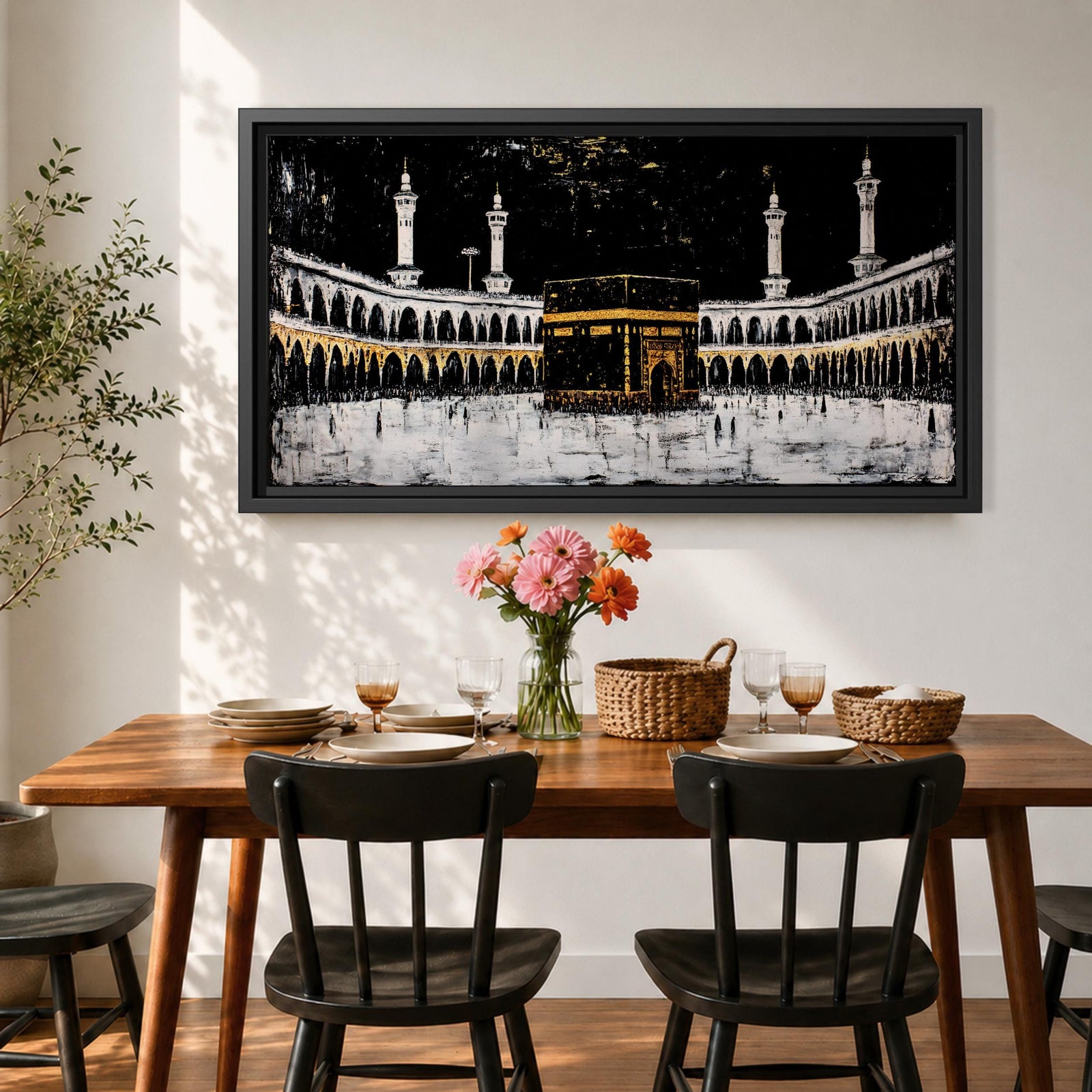 Panoramic artwork of the Kaaba at Masjid al-Haram in Mecca with black and gold accents surrounded by mosque arches and tall minarets against a dark night background.