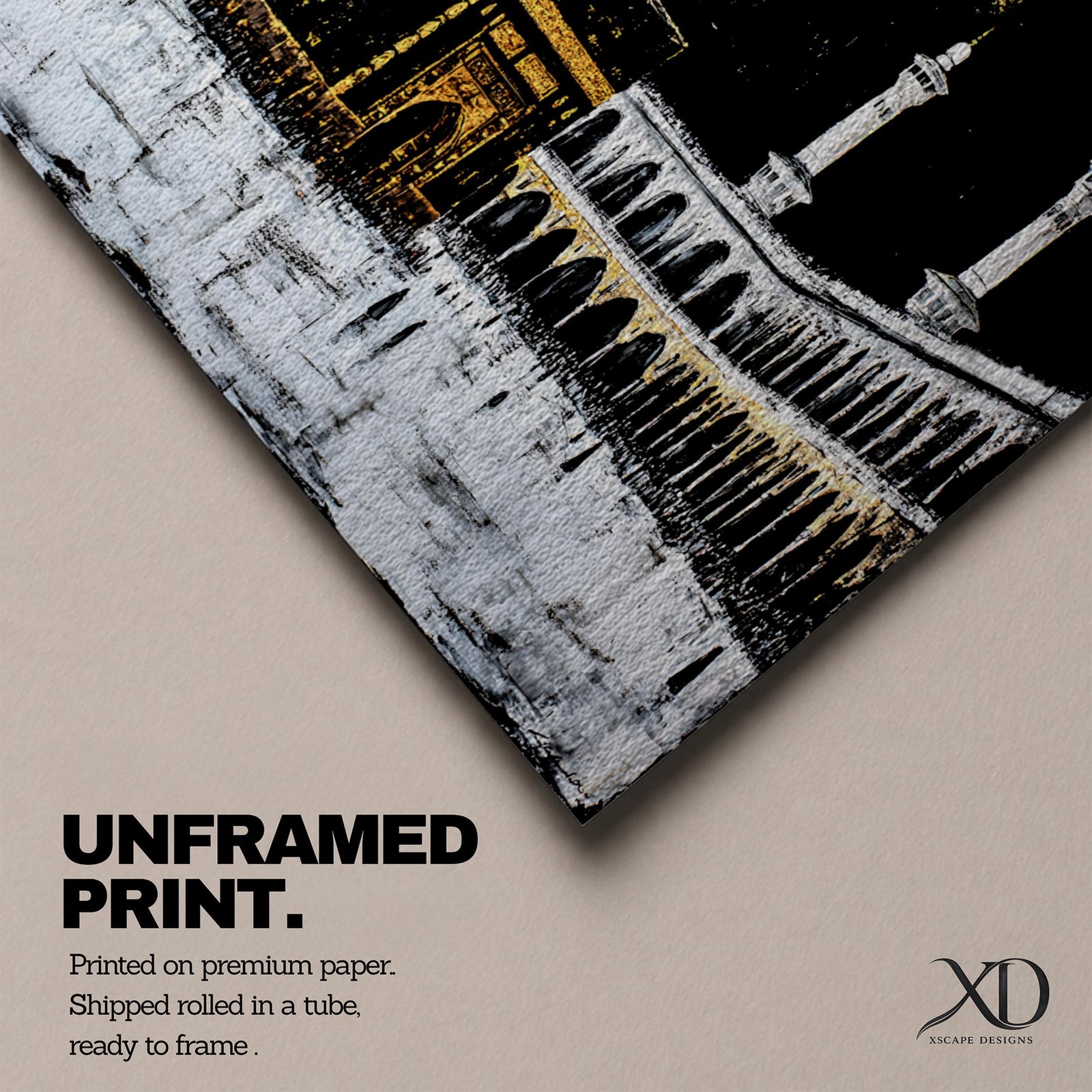Panoramic artwork of the Kaaba at Masjid al-Haram in Mecca with black and gold accents surrounded by mosque arches and tall minarets against a dark night background.
