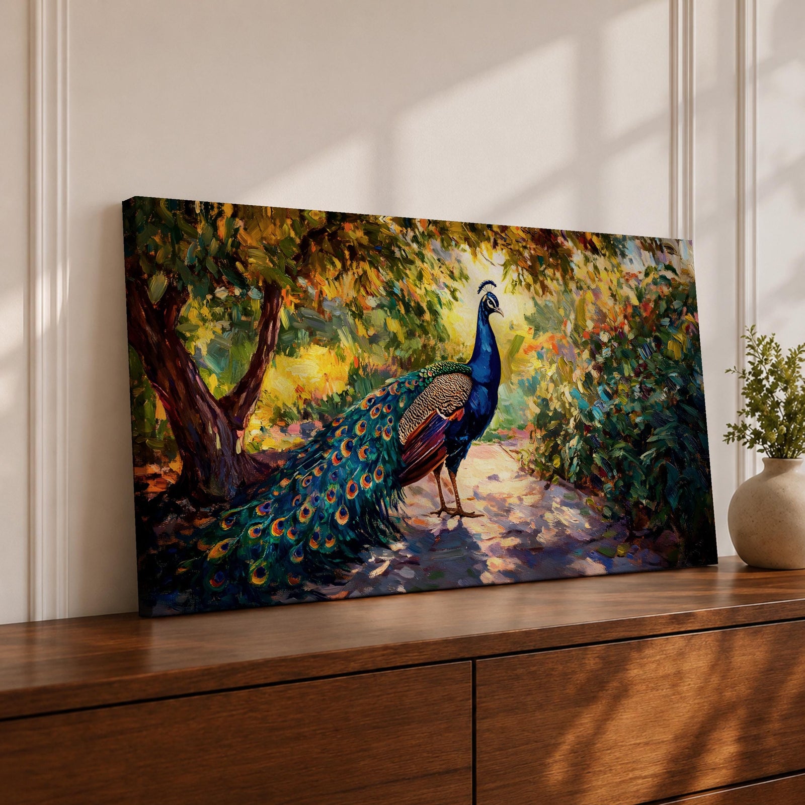 Panoramic painting of a vibrant peacock standing on a sunlit garden path with lush greenery and colorful foliage surrounding its long iridescent tail feathers.