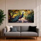 Panoramic painting of a vibrant peacock standing on a sunlit garden path with lush greenery and colorful foliage surrounding its long iridescent tail feathers.