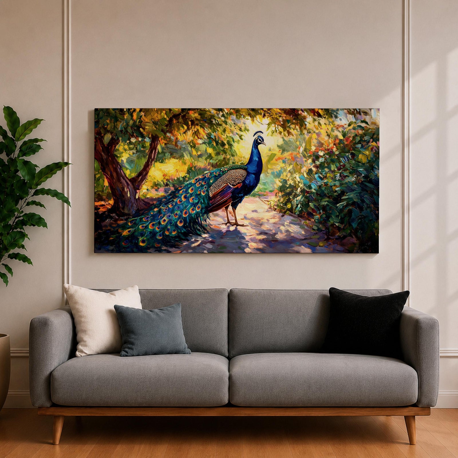 Panoramic painting of a vibrant peacock standing on a sunlit garden path with lush greenery and colorful foliage surrounding its long iridescent tail feathers.