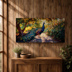 Panoramic painting of a vibrant peacock standing on a sunlit garden path with lush greenery and colorful foliage surrounding its long iridescent tail feathers.