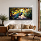 Panoramic painting of a vibrant peacock standing on a sunlit garden path with lush greenery and colorful foliage surrounding its long iridescent tail feathers.