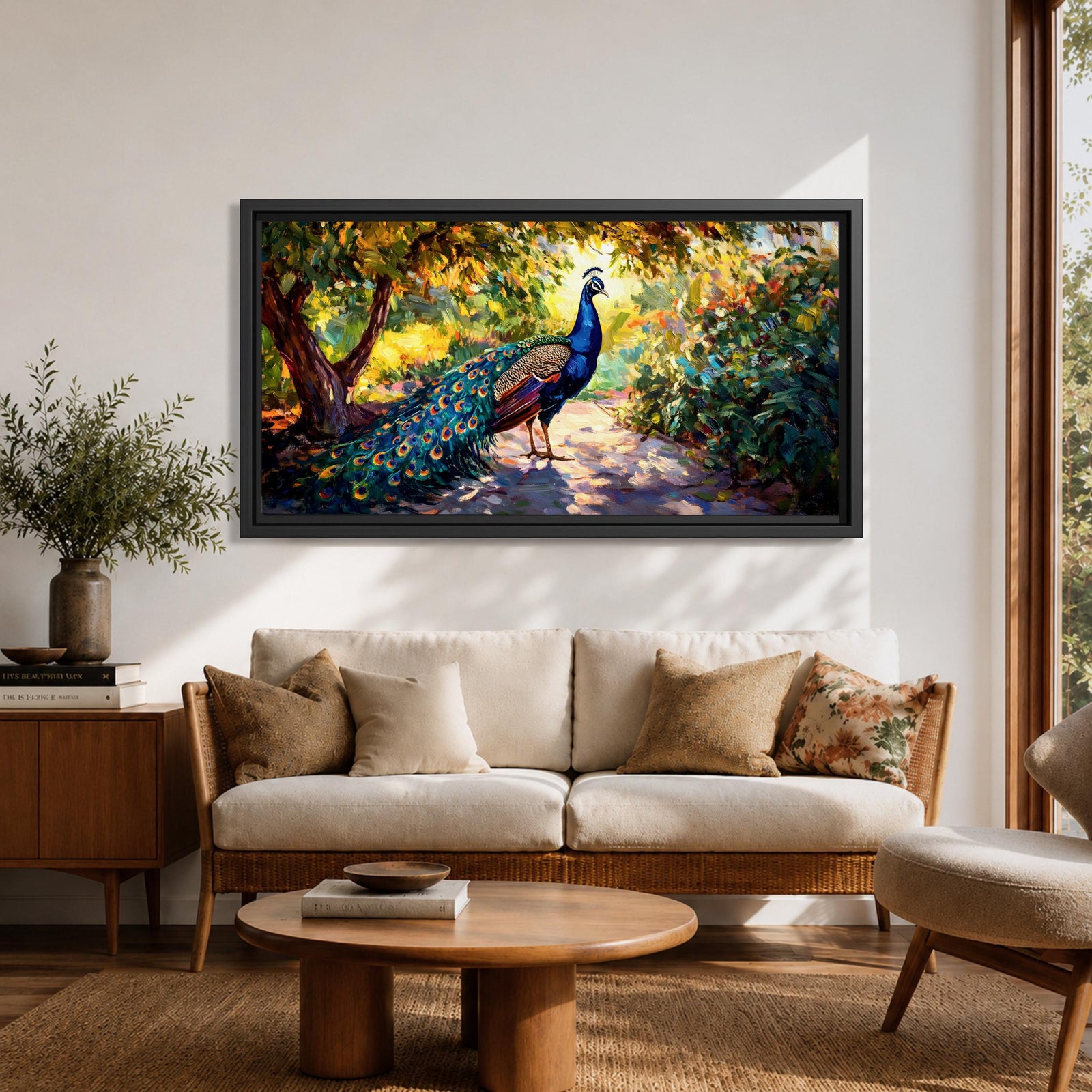 Panoramic painting of a vibrant peacock standing on a sunlit garden path with lush greenery and colorful foliage surrounding its long iridescent tail feathers.
