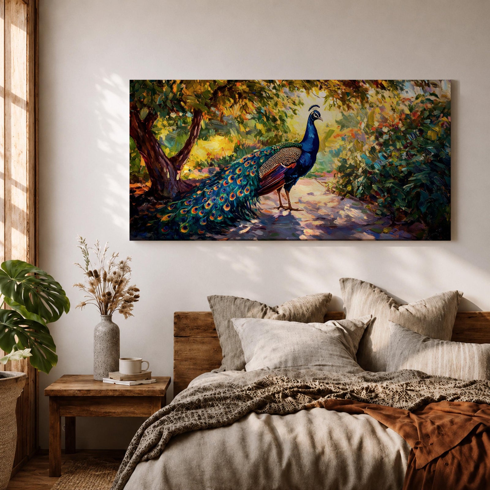 Panoramic painting of a vibrant peacock standing on a sunlit garden path with lush greenery and colorful foliage surrounding its long iridescent tail feathers.