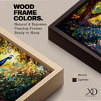 Panoramic painting of a vibrant peacock standing on a sunlit garden path with lush greenery and colorful foliage surrounding its long iridescent tail feathers.