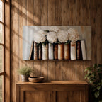 Panoramic still life painting of white hydrangea flowers arranged inside stacked vintage books with neutral beige and cream tones in a soft textured background.