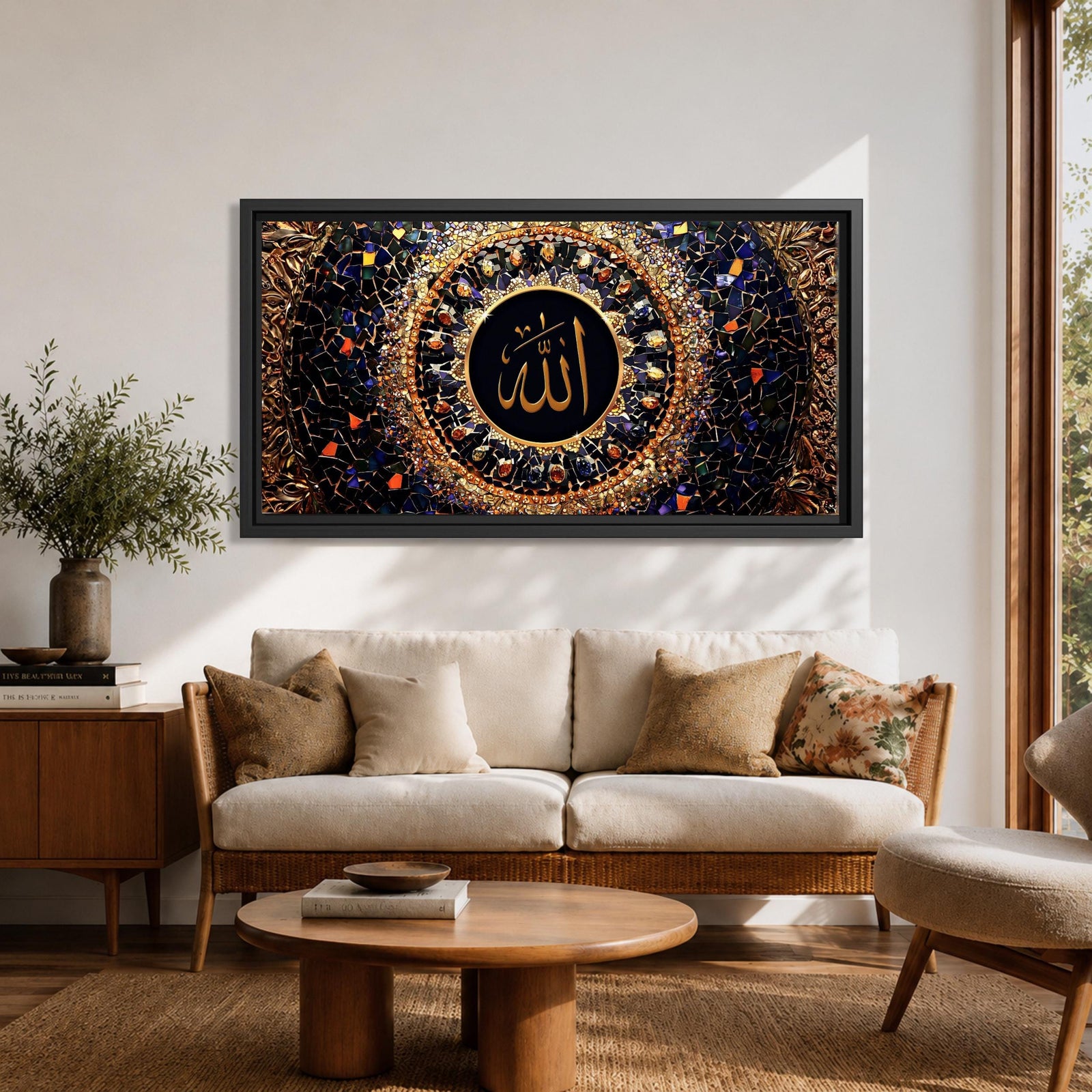 Panoramic artwork featuring golden Arabic calligraphy of Allah centered within an ornate circular Islamic mosaic pattern with deep blue, gold, and jewel toned geometric details.