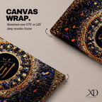 Panoramic artwork featuring golden Arabic calligraphy of Allah centered within an ornate circular Islamic mosaic pattern with deep blue, gold, and jewel toned geometric details.