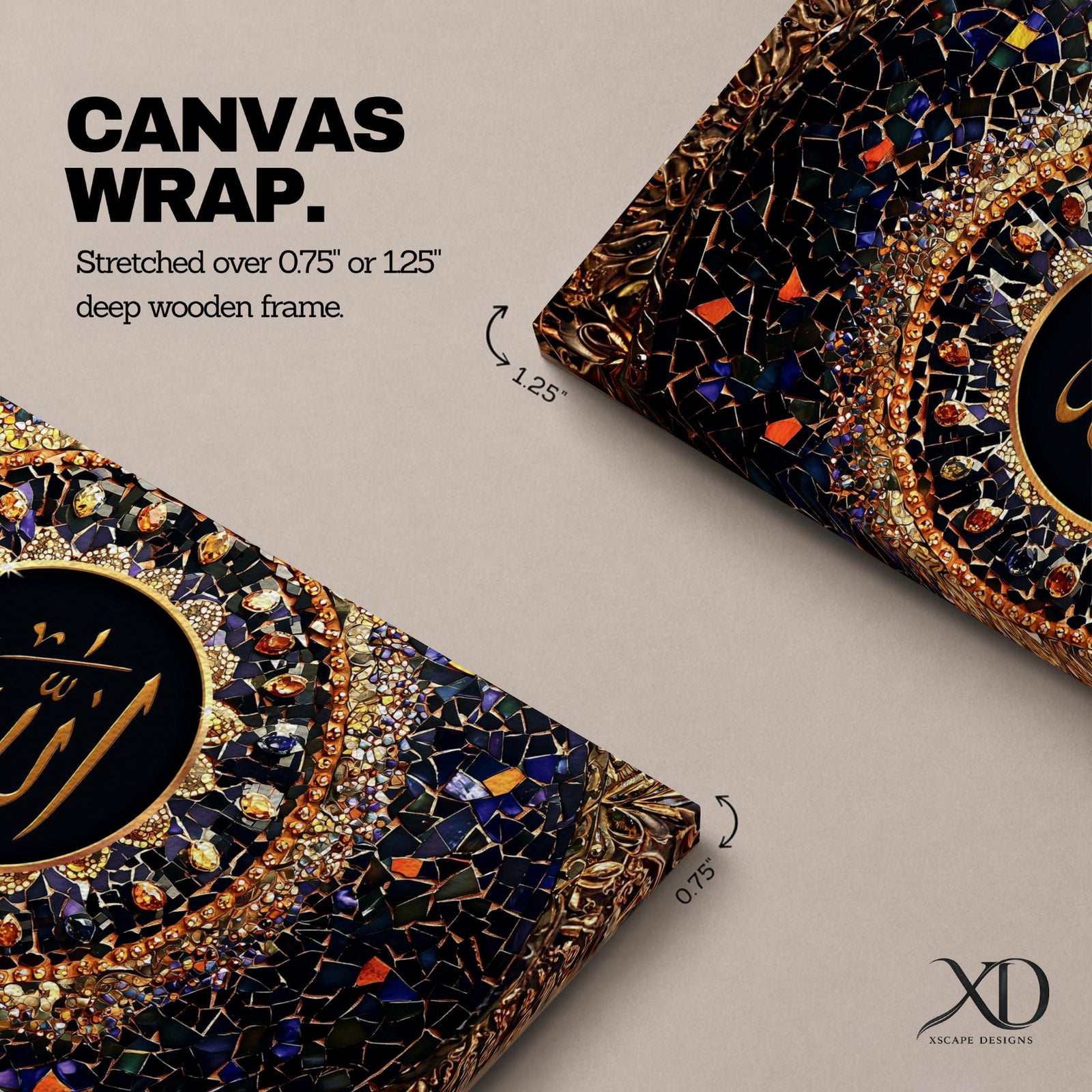Panoramic artwork featuring golden Arabic calligraphy of Allah centered within an ornate circular Islamic mosaic pattern with deep blue, gold, and jewel toned geometric details.