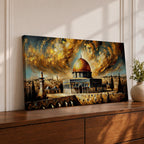 Panoramic painting of the Dome of the Rock with its golden dome rising above Jerusalem architecture under dramatic swirling golden clouds and historic Islamic architecture.