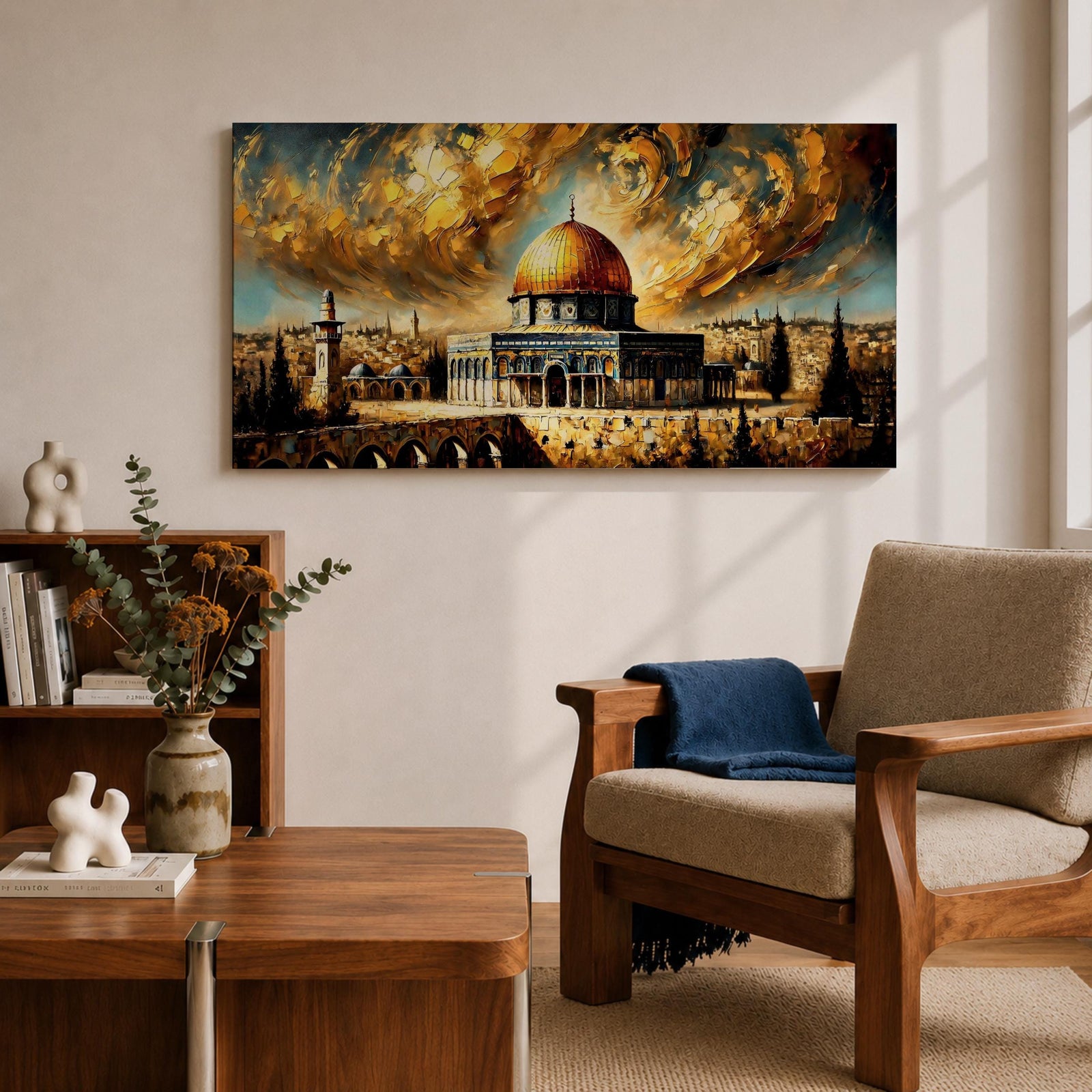 Panoramic painting of the Dome of the Rock with its golden dome rising above Jerusalem architecture under dramatic swirling golden clouds and historic Islamic architecture.