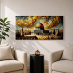 Panoramic painting of the Dome of the Rock with its golden dome rising above Jerusalem architecture under dramatic swirling golden clouds and historic Islamic architecture.
