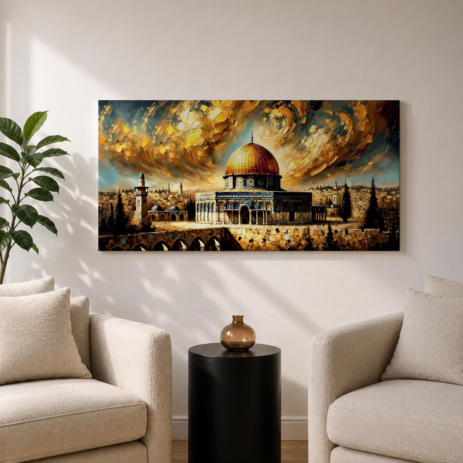 Panoramic painting of the Dome of the Rock with its golden dome rising above Jerusalem architecture under dramatic swirling golden clouds and historic Islamic architecture.