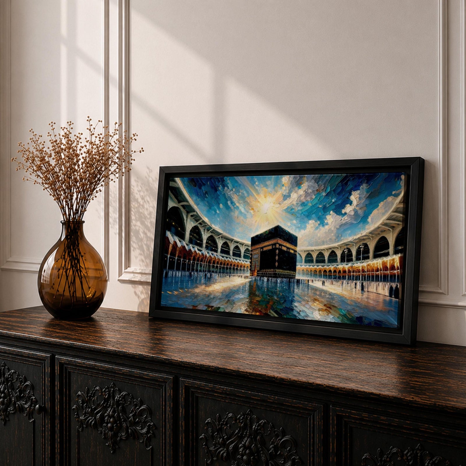 Panoramic painting of the Kaaba at Masjid al-Haram in Mecca surrounded by mosque arches reflecting on polished marble under a bright blue sky.