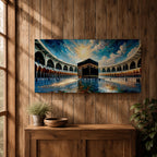Panoramic painting of the Kaaba at Masjid al-Haram in Mecca surrounded by mosque arches reflecting on polished marble under a bright blue sky.