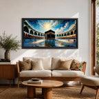 Panoramic painting of the Kaaba at Masjid al-Haram in Mecca surrounded by mosque arches reflecting on polished marble under a bright blue sky.