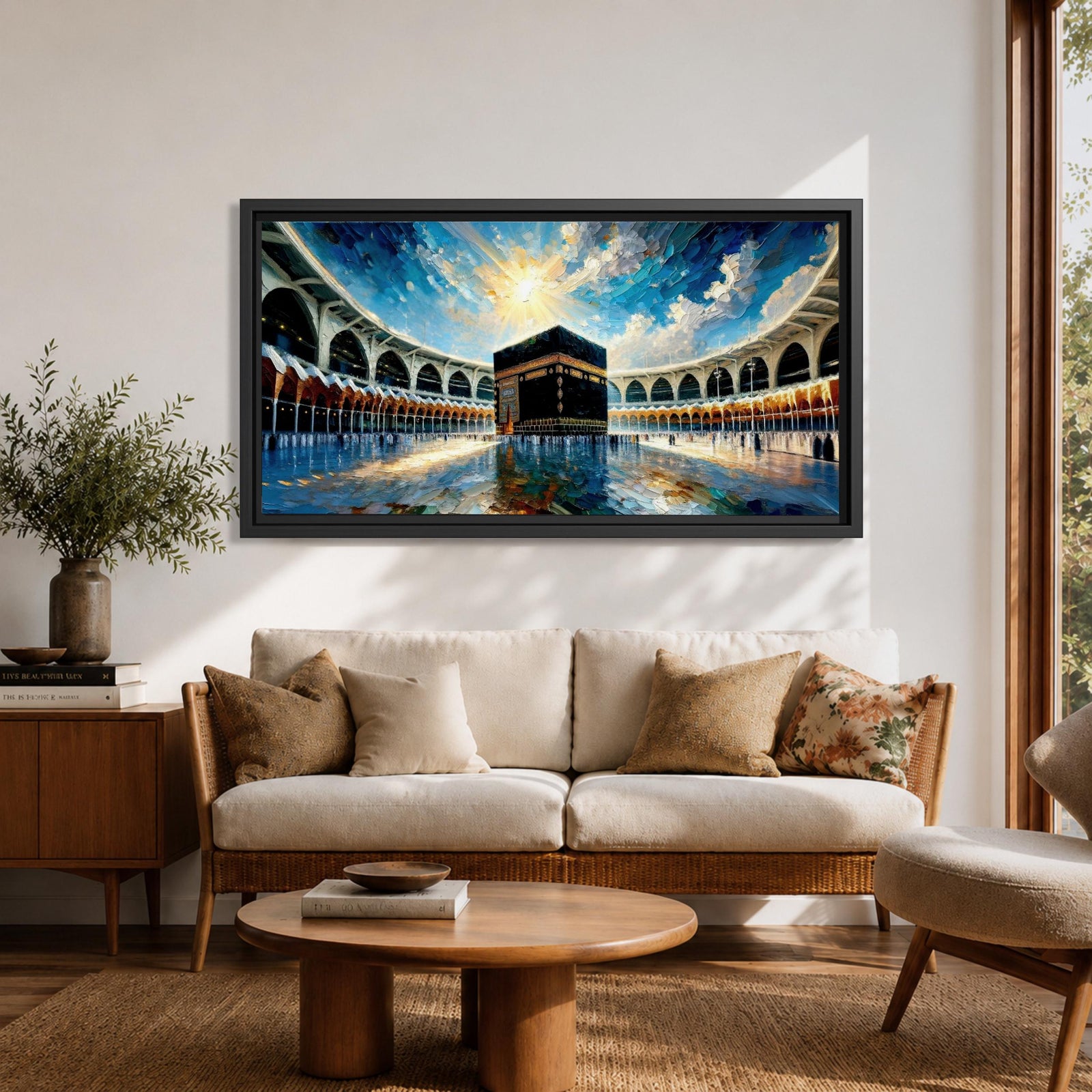 Panoramic painting of the Kaaba at Masjid al-Haram in Mecca surrounded by mosque arches reflecting on polished marble under a bright blue sky.