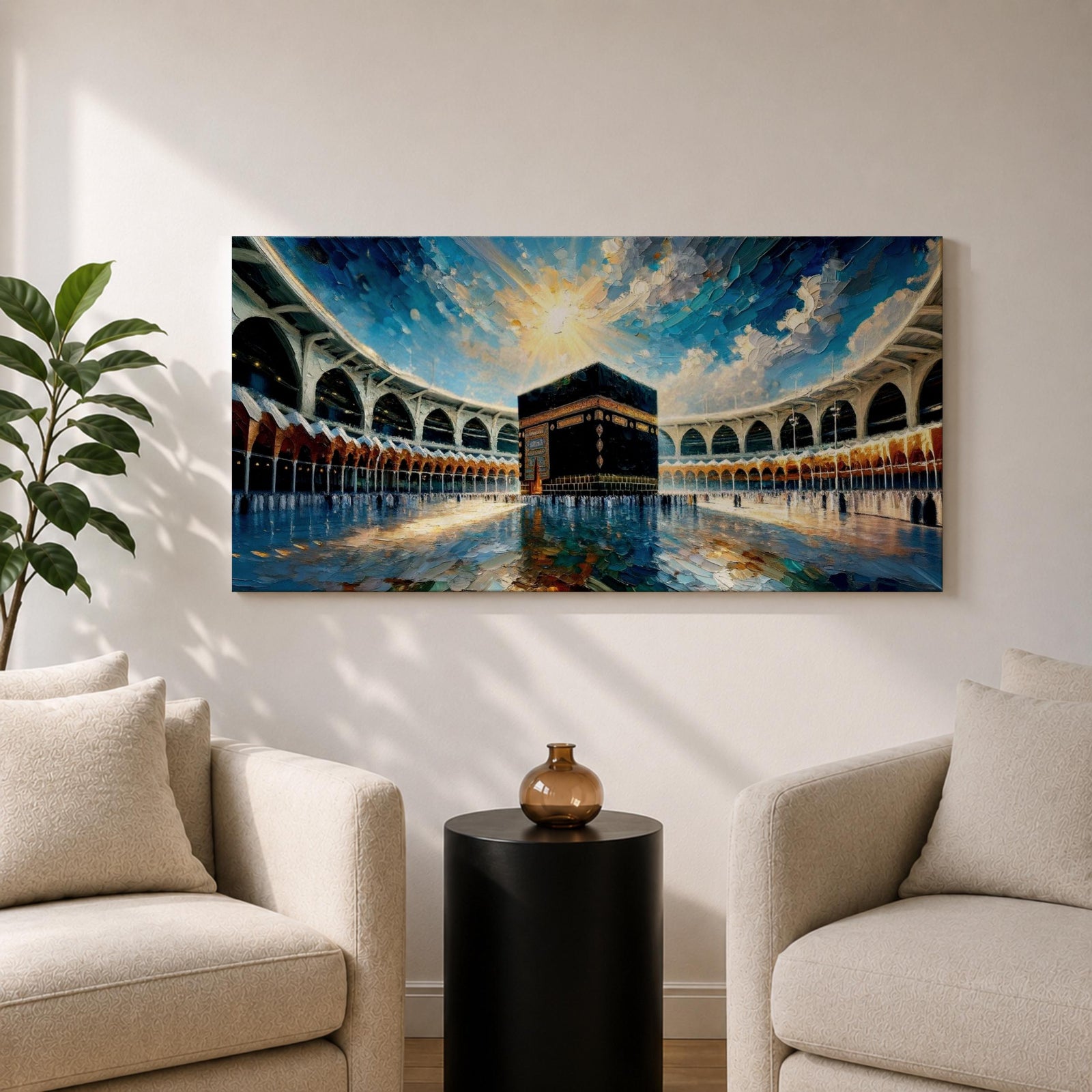 Panoramic painting of the Kaaba at Masjid al-Haram in Mecca surrounded by mosque arches reflecting on polished marble under a bright blue sky.