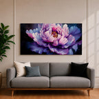 Panoramic painting of a large blooming peony flower with layered lavender, pink, and violet petals glowing against a deep dark background in a dramatic botanical composition.