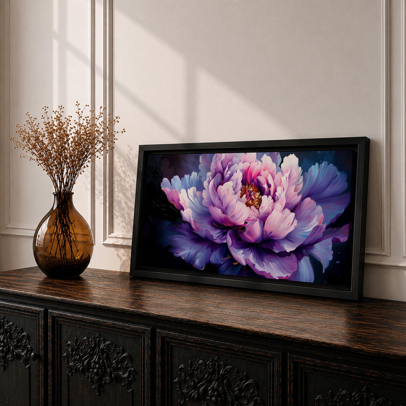 Panoramic painting of a large blooming peony flower with layered lavender, pink, and violet petals glowing against a deep dark background in a dramatic botanical composition.