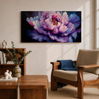 Panoramic painting of a large blooming peony flower with layered lavender, pink, and violet petals glowing against a deep dark background in a dramatic botanical composition.