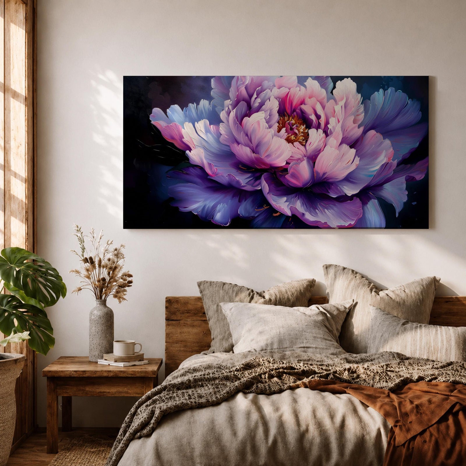 Panoramic painting of a large blooming peony flower with layered lavender, pink, and violet petals glowing against a deep dark background in a dramatic botanical composition.
