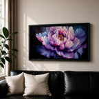 Panoramic painting of a large blooming peony flower with layered lavender, pink, and violet petals glowing against a deep dark background in a dramatic botanical composition.