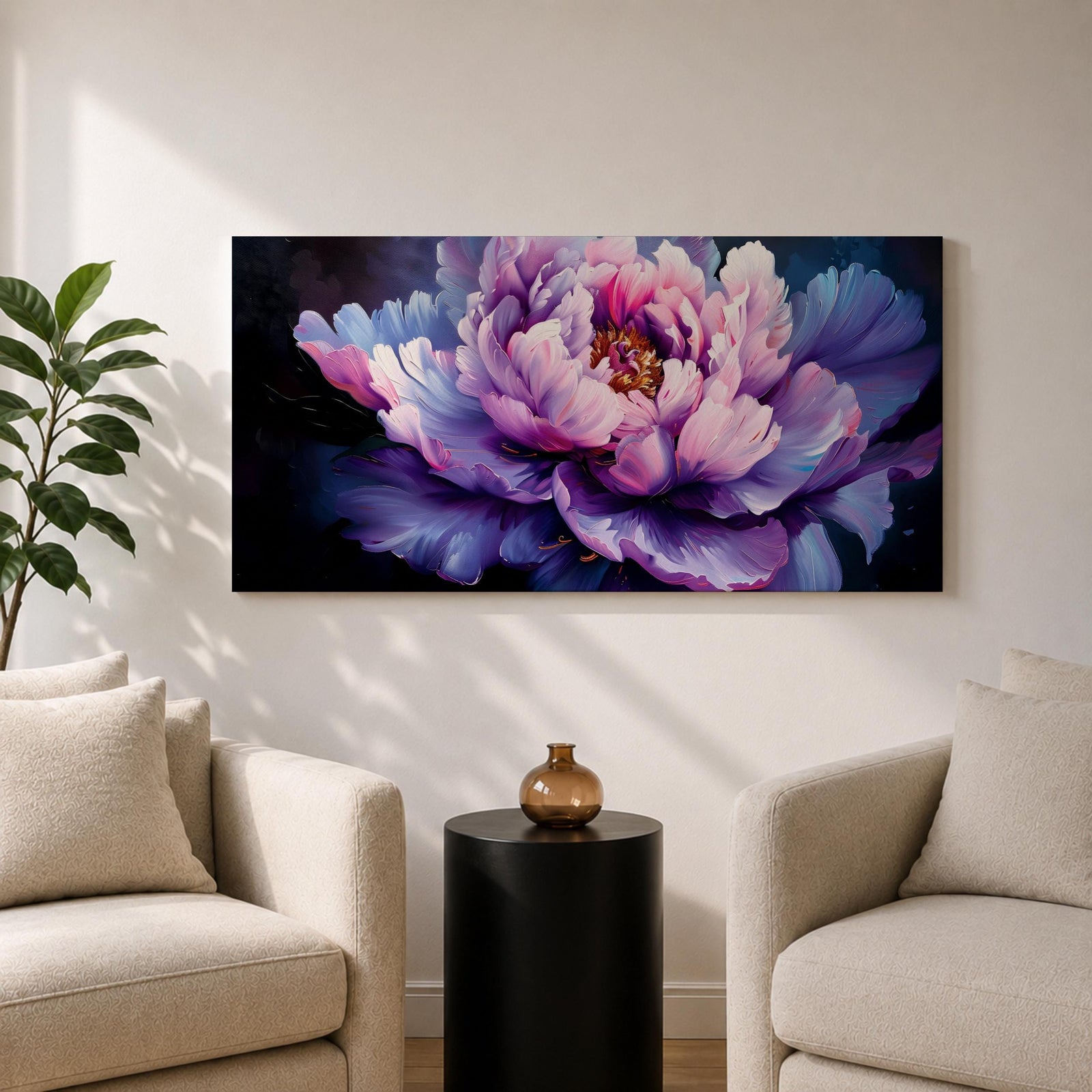 Panoramic painting of a large blooming peony flower with layered lavender, pink, and violet petals glowing against a deep dark background in a dramatic botanical composition.