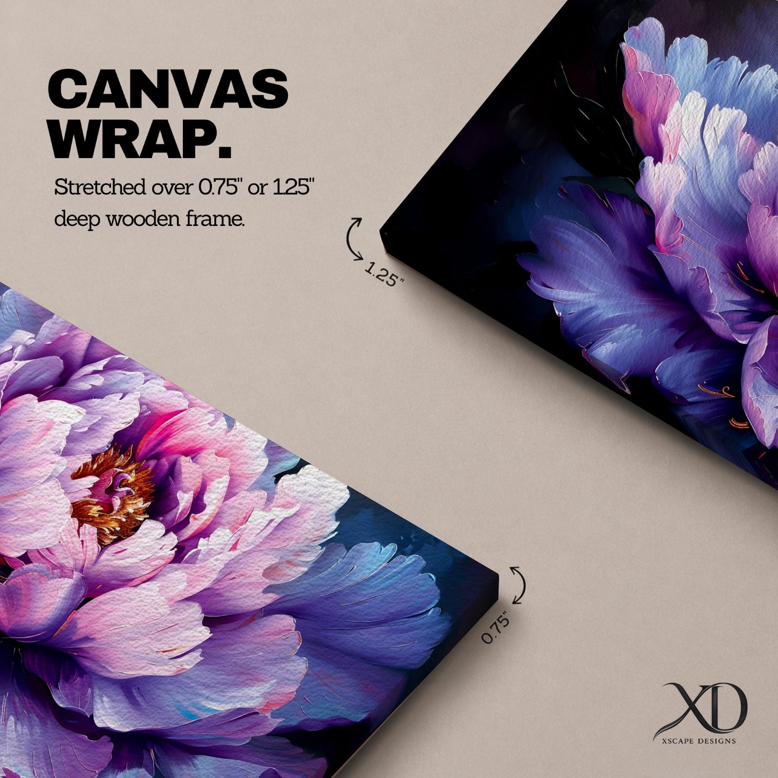 Panoramic painting of a large blooming peony flower with layered lavender, pink, and violet petals glowing against a deep dark background in a dramatic botanical composition.