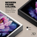 Panoramic painting of a large blooming peony flower with layered lavender, pink, and violet petals glowing against a deep dark background in a dramatic botanical composition.