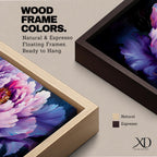 Panoramic painting of a large blooming peony flower with layered lavender, pink, and violet petals glowing against a deep dark background in a dramatic botanical composition.