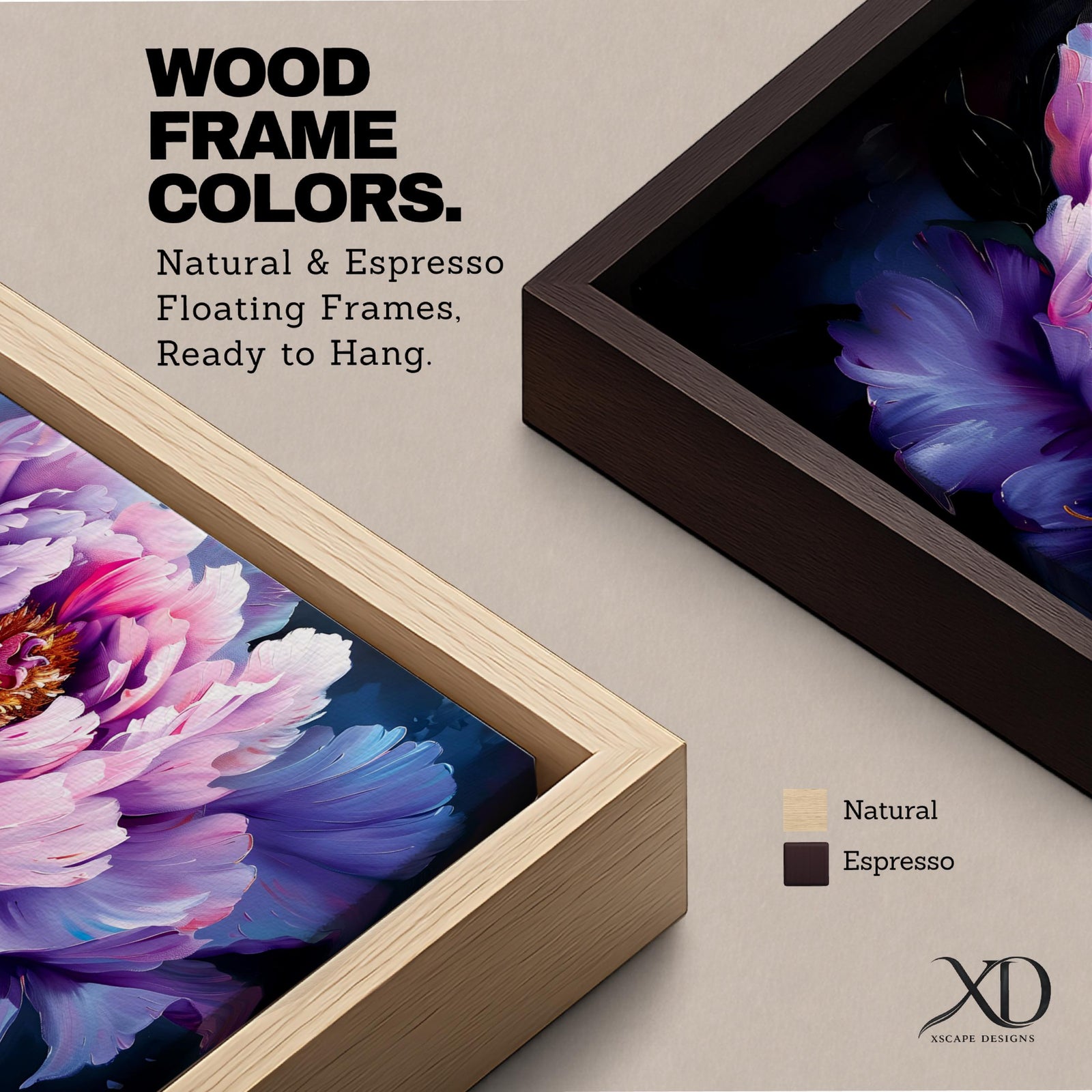 Panoramic painting of a large blooming peony flower with layered lavender, pink, and violet petals glowing against a deep dark background in a dramatic botanical composition.