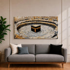 Panoramic painting of the Kaaba at Masjid al-Haram in Mecca surrounded by pilgrims circling the sacred structure within the grand mosque courtyard.