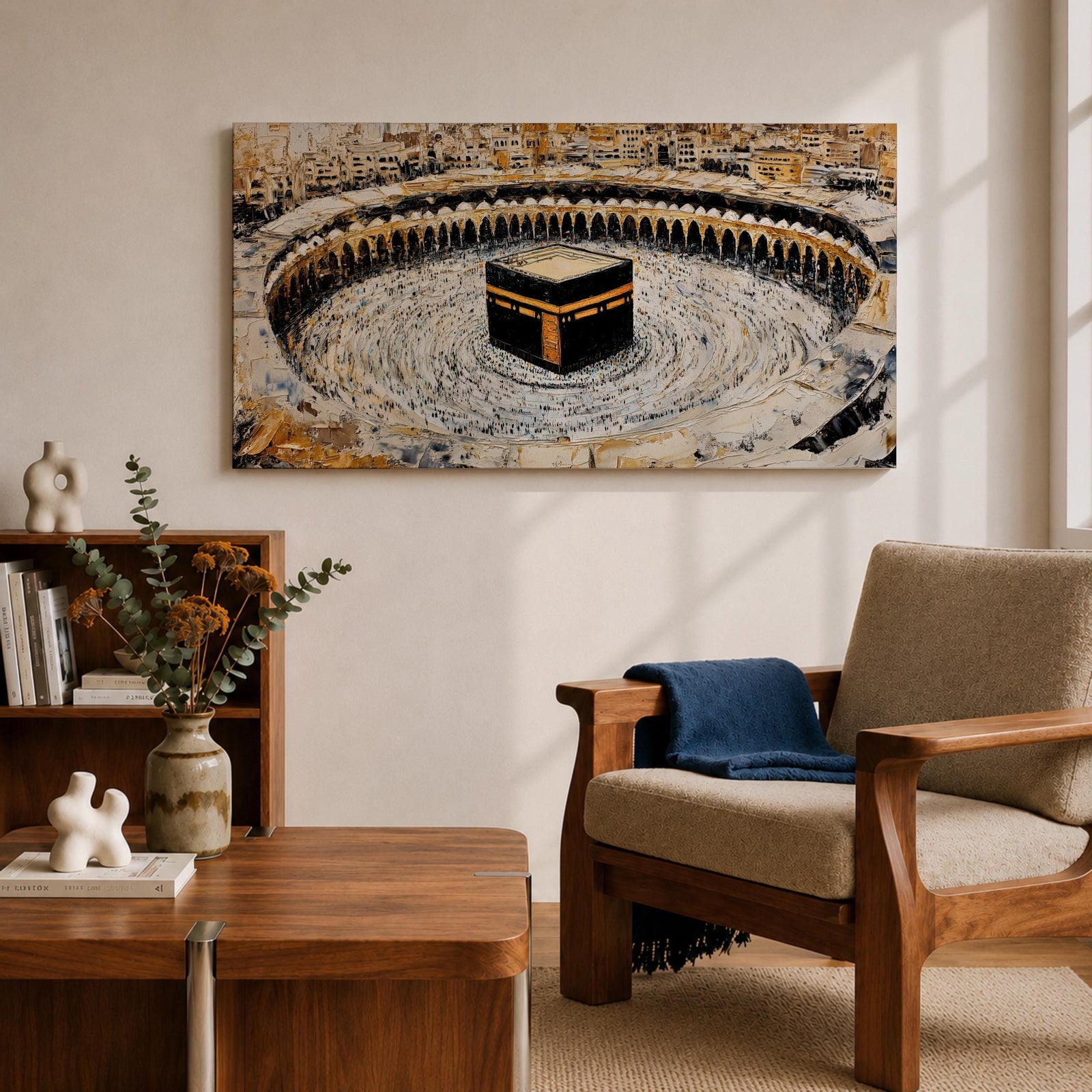Panoramic painting of the Kaaba at Masjid al-Haram in Mecca surrounded by pilgrims circling the sacred structure within the grand mosque courtyard.
