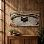 Panoramic painting of the Kaaba at Masjid al-Haram in Mecca surrounded by pilgrims circling the sacred structure within the grand mosque courtyard.