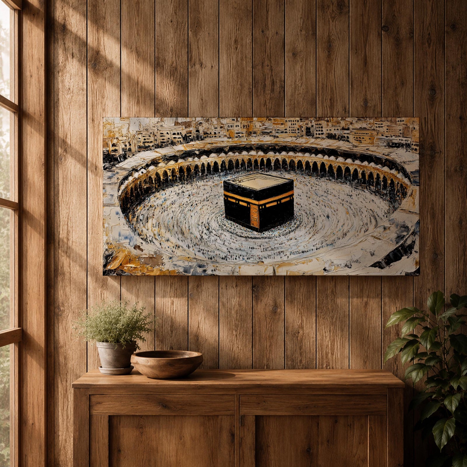 Panoramic painting of the Kaaba at Masjid al-Haram in Mecca surrounded by pilgrims circling the sacred structure within the grand mosque courtyard.