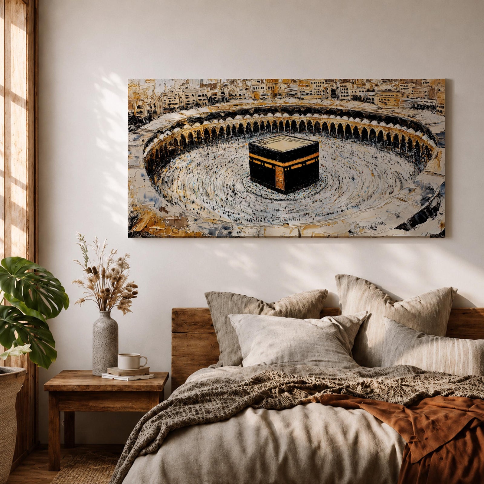 Panoramic painting of the Kaaba at Masjid al-Haram in Mecca surrounded by pilgrims circling the sacred structure within the grand mosque courtyard.