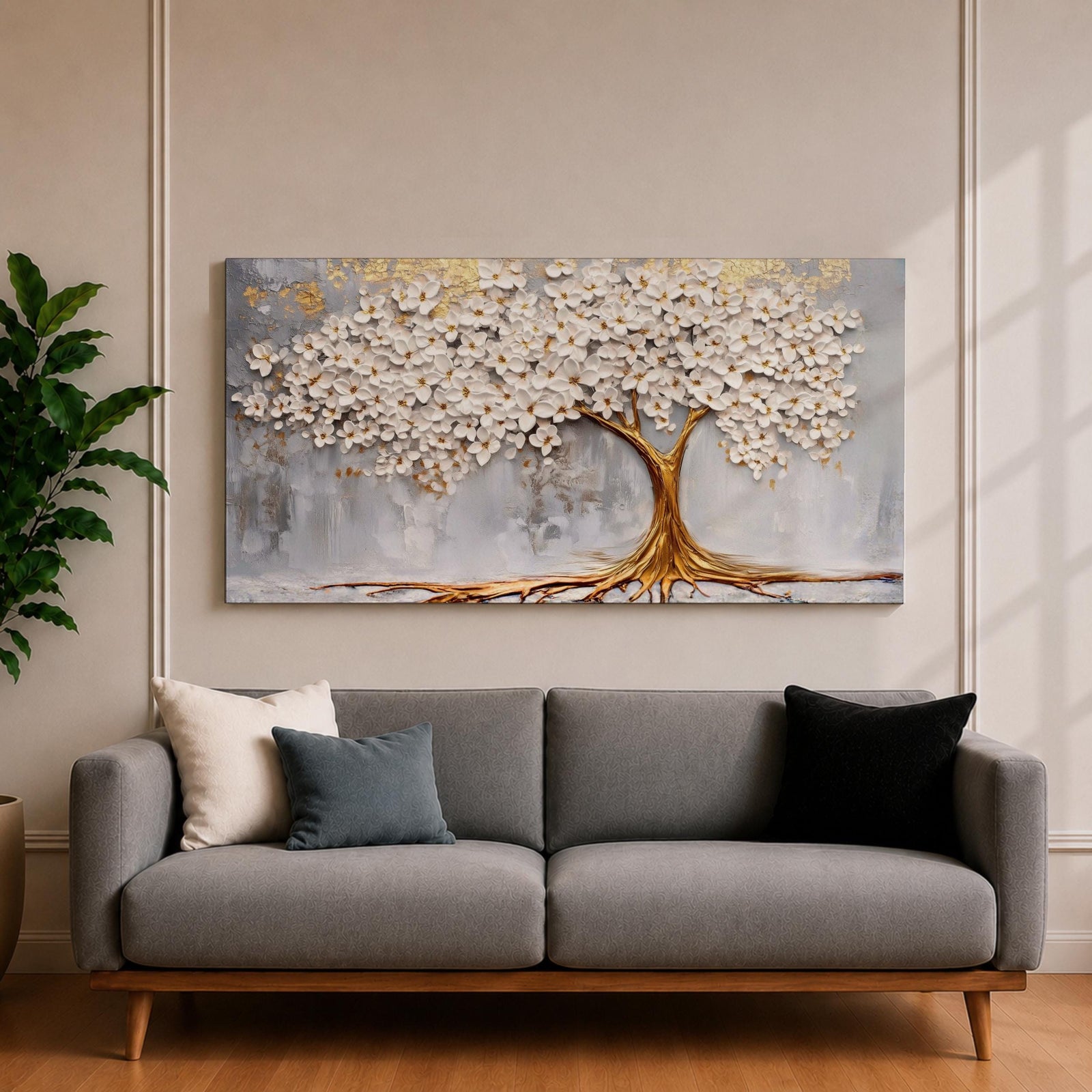 Panoramic artwork of a white blossoming tree with a flowing golden trunk and roots spreading across a textured gray background symbolizing the tree of life.