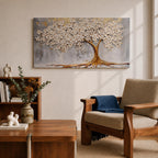 Panoramic artwork of a white blossoming tree with a flowing golden trunk and roots spreading across a textured gray background symbolizing the tree of life.