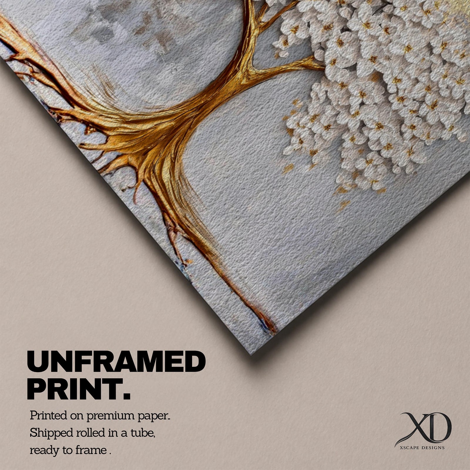 Panoramic artwork of a white blossoming tree with a flowing golden trunk and roots spreading across a textured gray background symbolizing the tree of life.