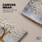 Panoramic artwork of a white blossoming tree with a flowing golden trunk and roots spreading across a textured gray background symbolizing the tree of life.